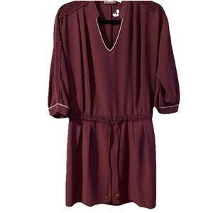 D96 Maison Jules Size S Burgundy Dress V Neck Embroidered Detail Sleeve